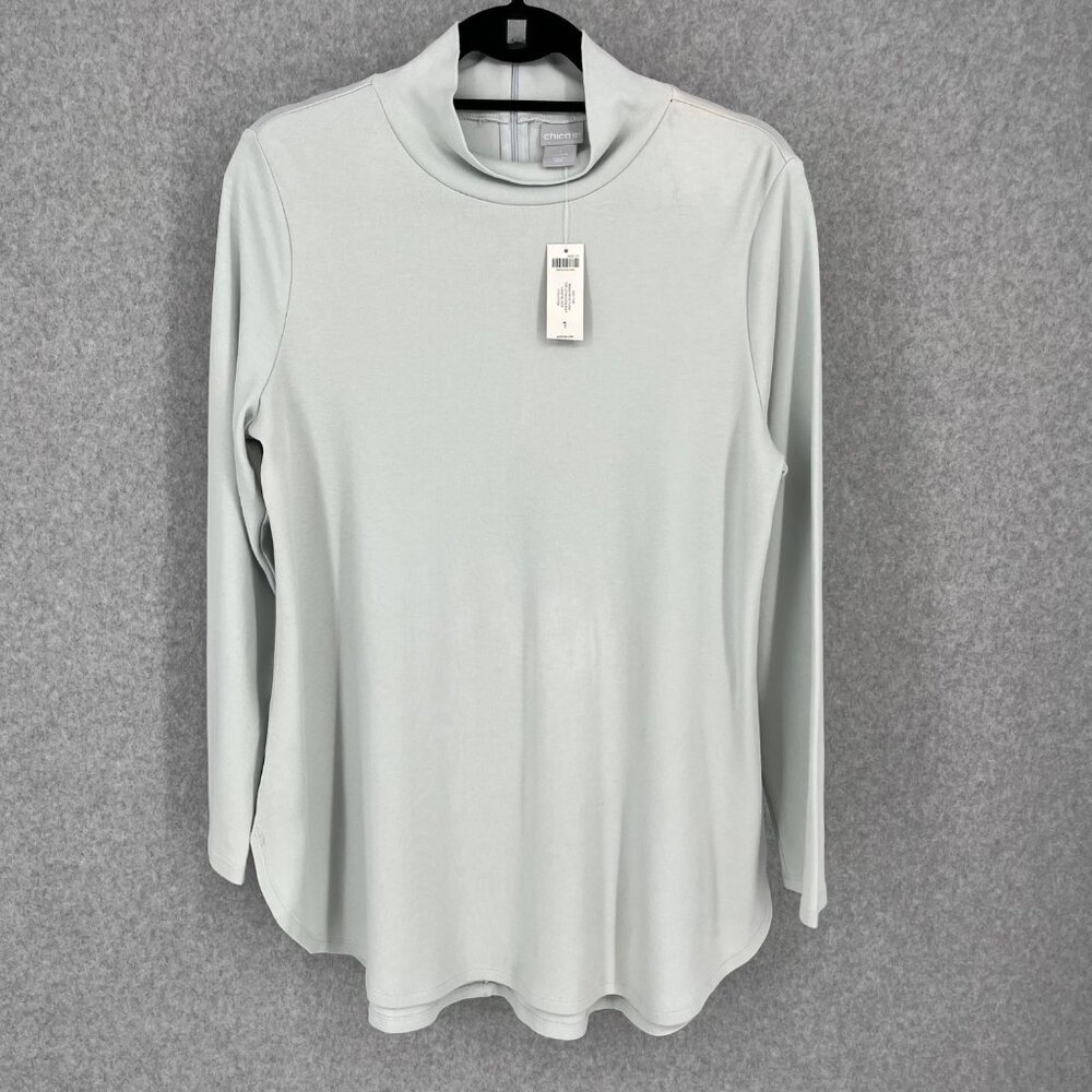Chicos Mock Neck Tunic Knit Top Size M Coastal Mist Blue Gray Minimal Office NEW